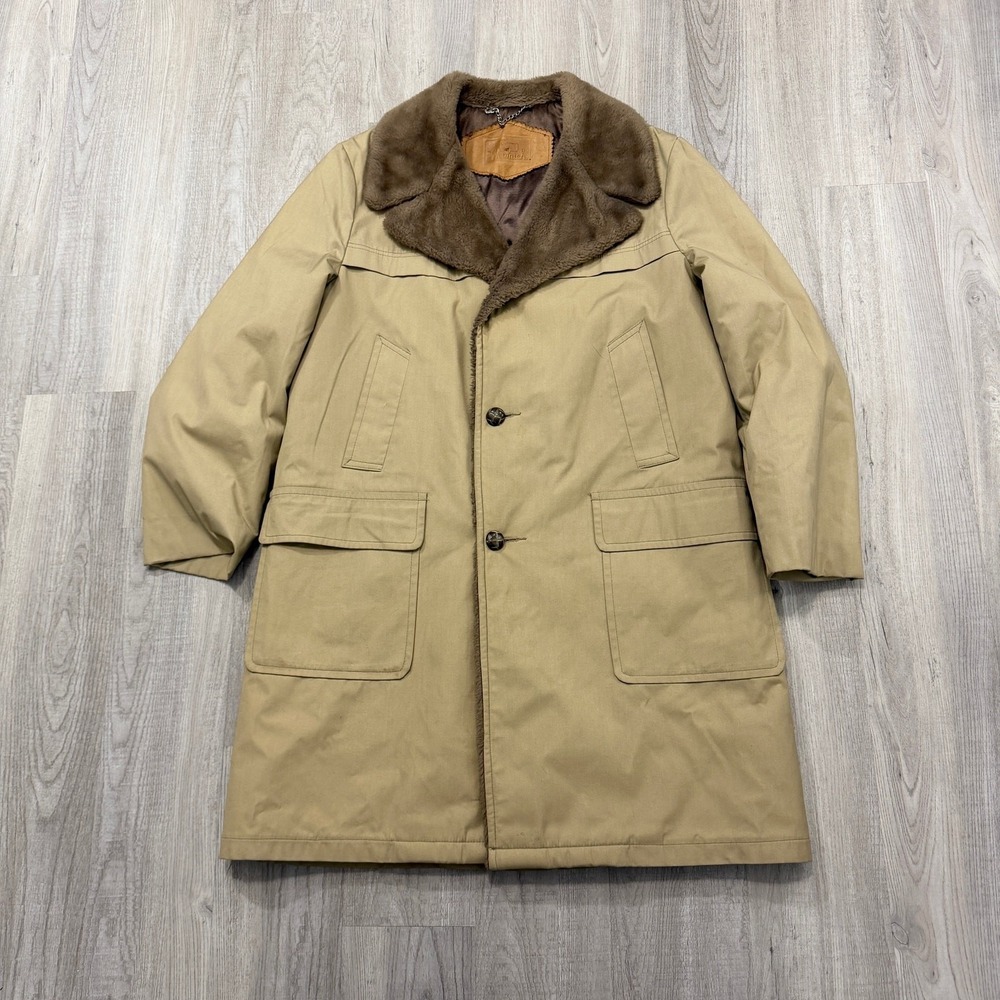 Woolrich Coat Mens 40 Tan Faux Fur Trim Faux Fur Lined Long Trench Coat Vintage